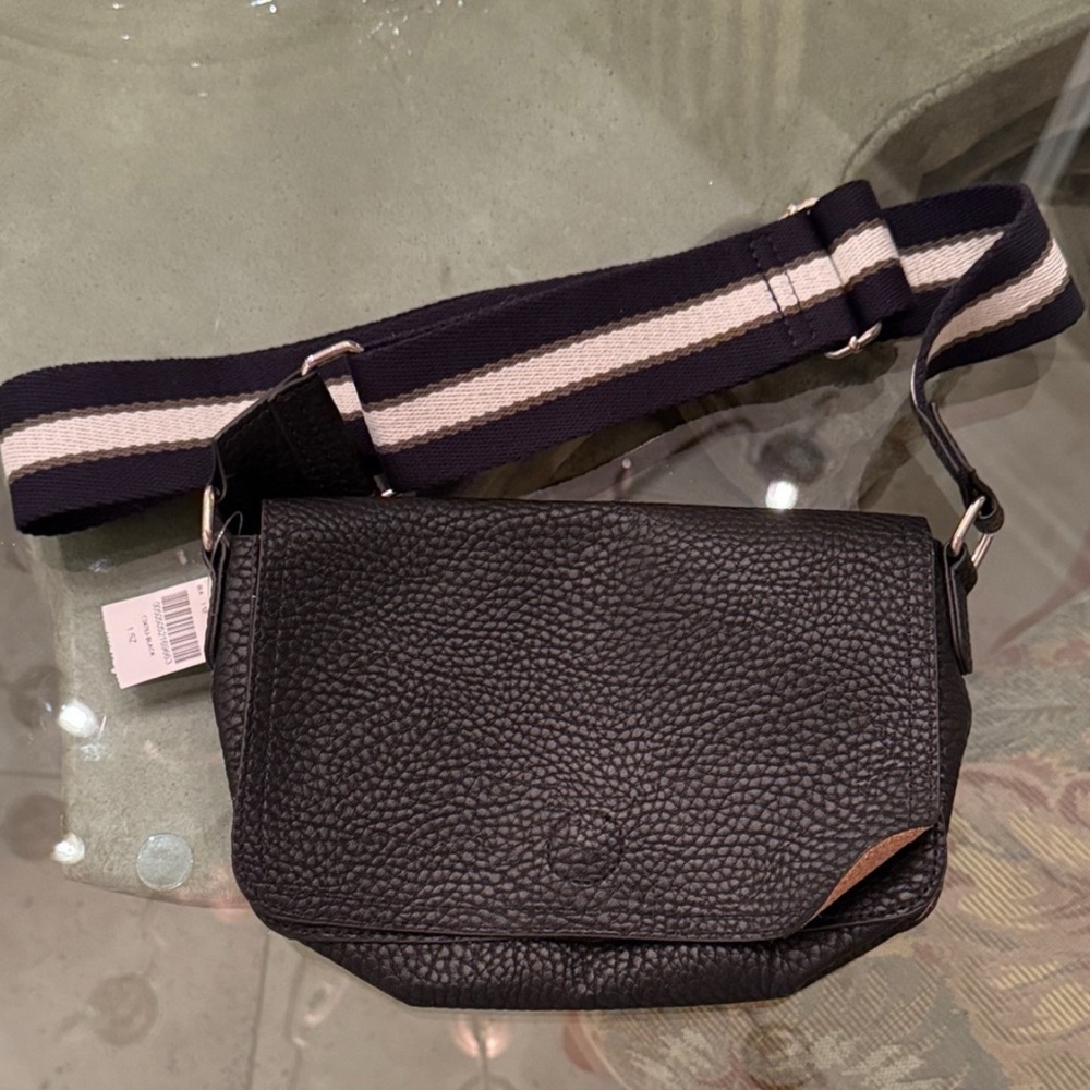 Barneys New York Black Pebbled Leather Messenger Bag with Striped Strap